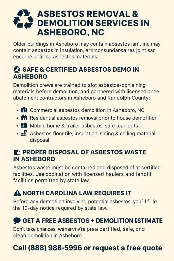 Demolition and asbestos removal services in Asheboro NC, featuring certified abatement contractors, legal disposal options, and residential & commercial tear-downs.