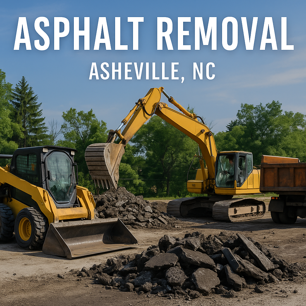Excavator and skid-steer loader removing broken asphalt during a site clearing job in Asheville NC.