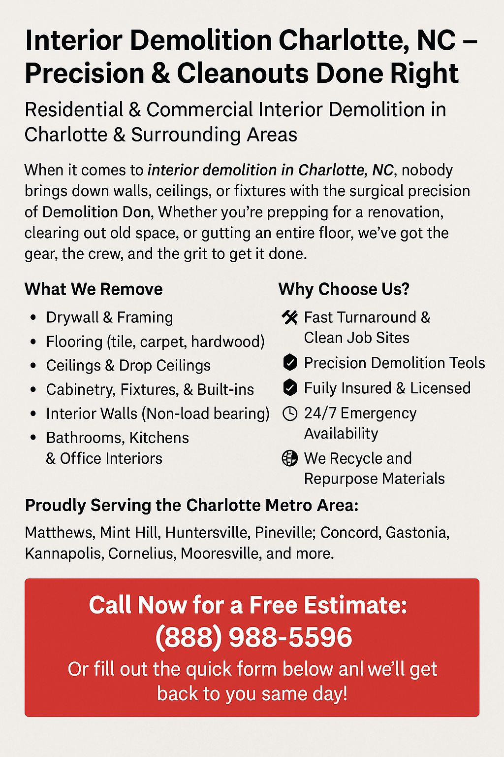Interior Demolition in Charlotte, NC – Fast, Clean, & Expert Service