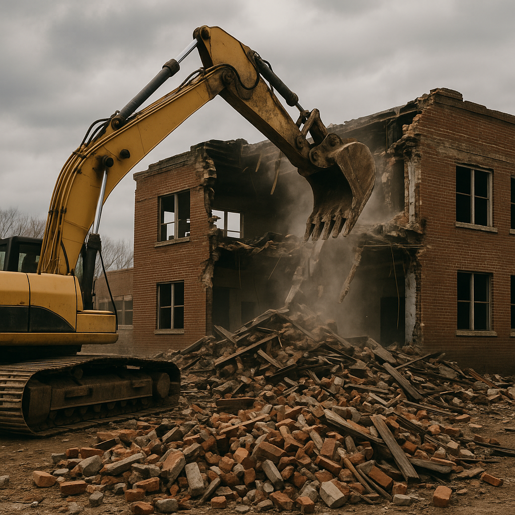 Excavator demolishing a red-brick two-story building with debris and rubble in the foreground under cloudy skies in Alabaster, Alabama.