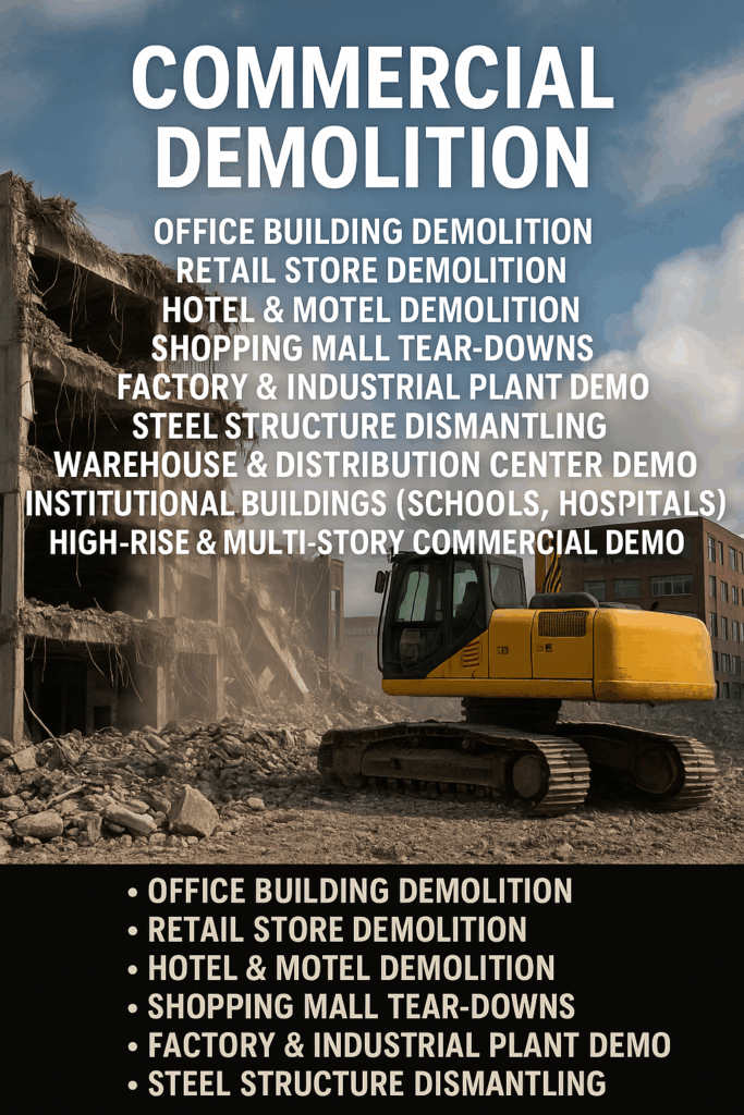 Yellow hydraulic excavator demolishing a multi-story commercial building with dust and debris flying, listing 10 commercial demolition services.
