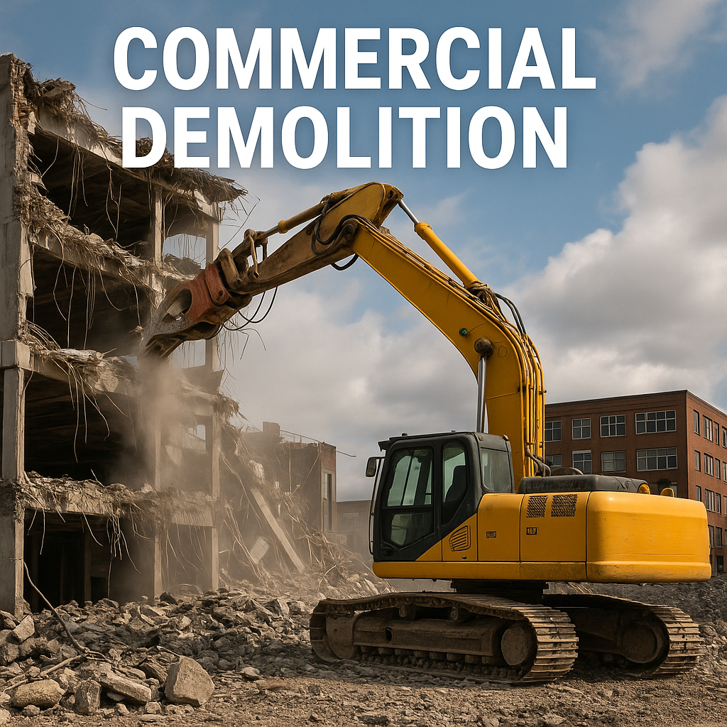 Yellow excavator demolishing a multi-story commercial demolition building with rubble and dust in the foreground.