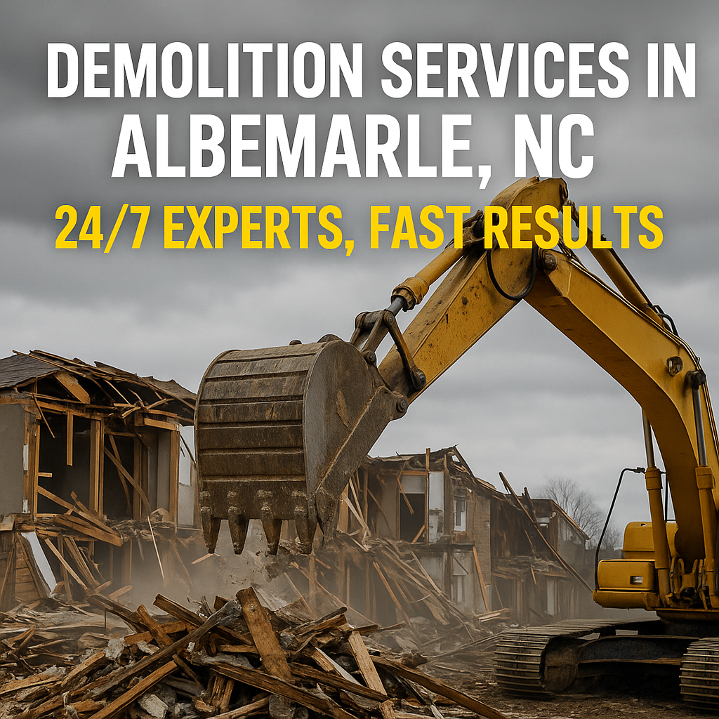 Yellow excavator demolishing a residential structure in Albemarle, NC with debris in the foreground
