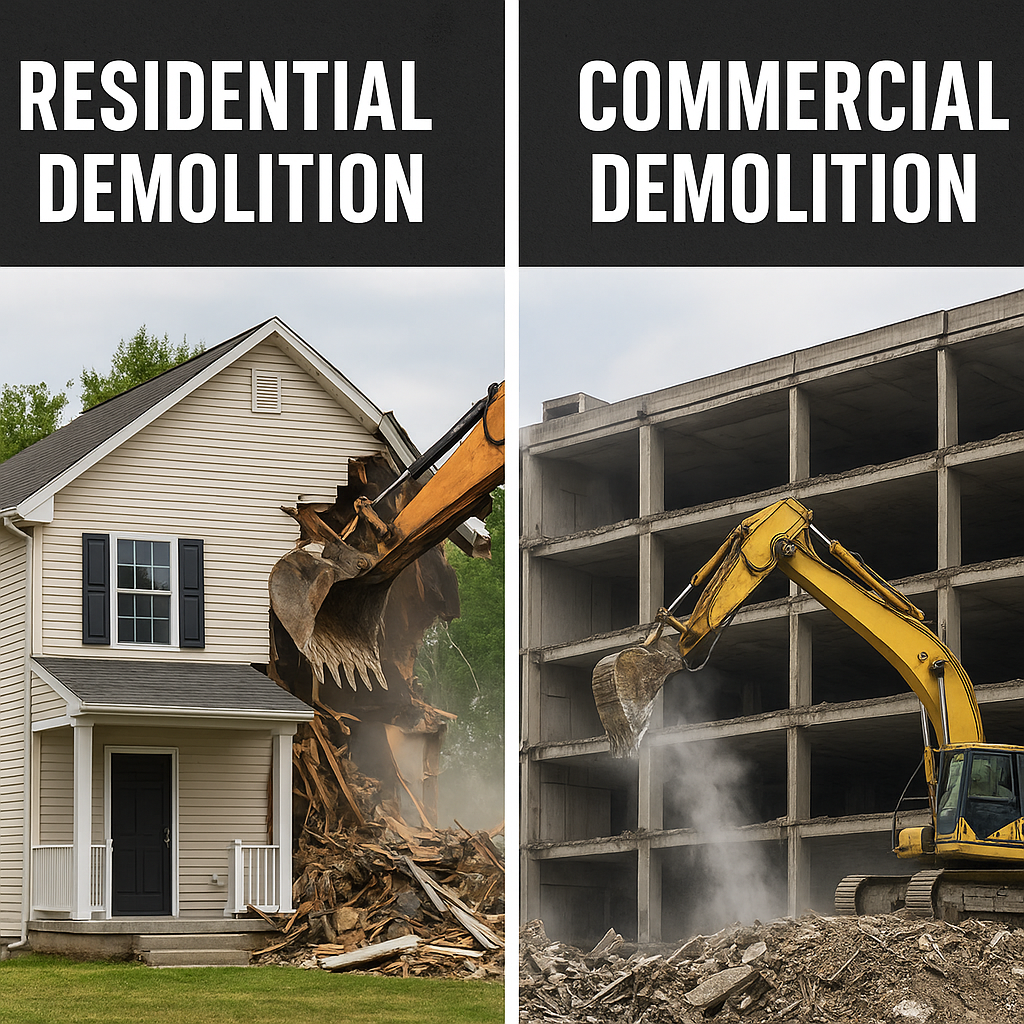 Side-by-side comparison of residential and commercial Apex NC demolition with excavators tearing down structures.