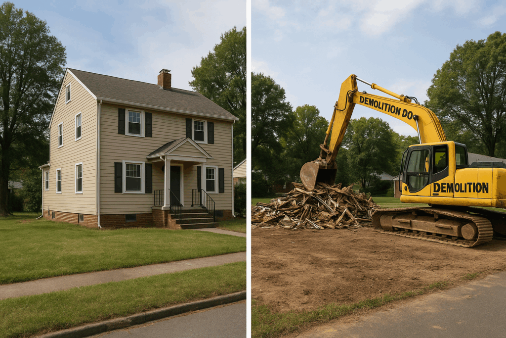 Before-and-after photo of house demolition in Winston-Salem NC with Demolition Don branding on excavator.