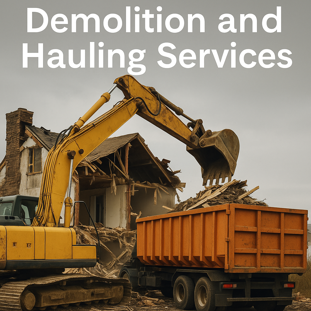 Excavator demolishing a house while loading debris into a dump truck.