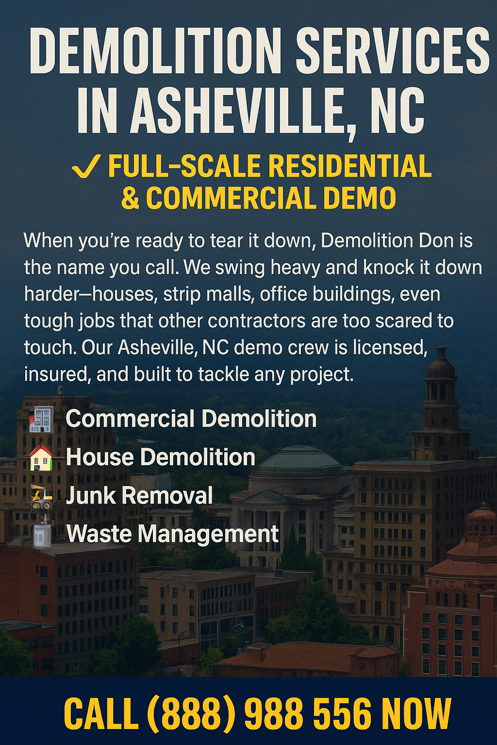 Promotional banner showing Demolition Don’s demolition services in Asheville, NC, with icons for commercial demolition, house demolition, junk removal, and waste management set against a backdrop of Asheville city landmarks.