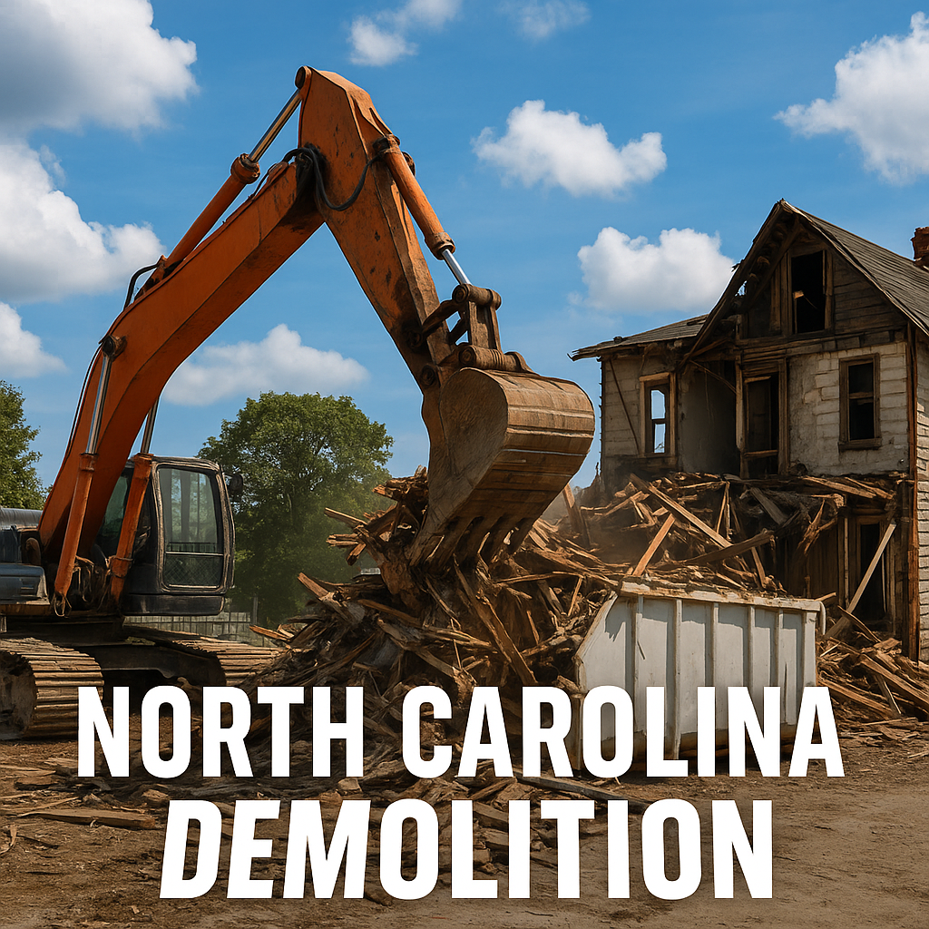 Orange excavator tearing down a two-story wooden house during a demolition project in North Carolina with debris and a white dumpster in the foreground.