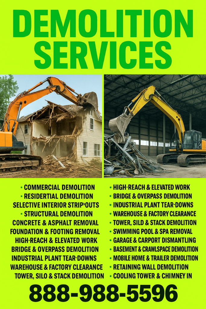 Bright yellow and neon green promotional graphic for demolition services, showing an excavator tearing down a house on the left and a warehouse on the right, with a centered list of services and the phone number 888-988-5596 at the bottom.