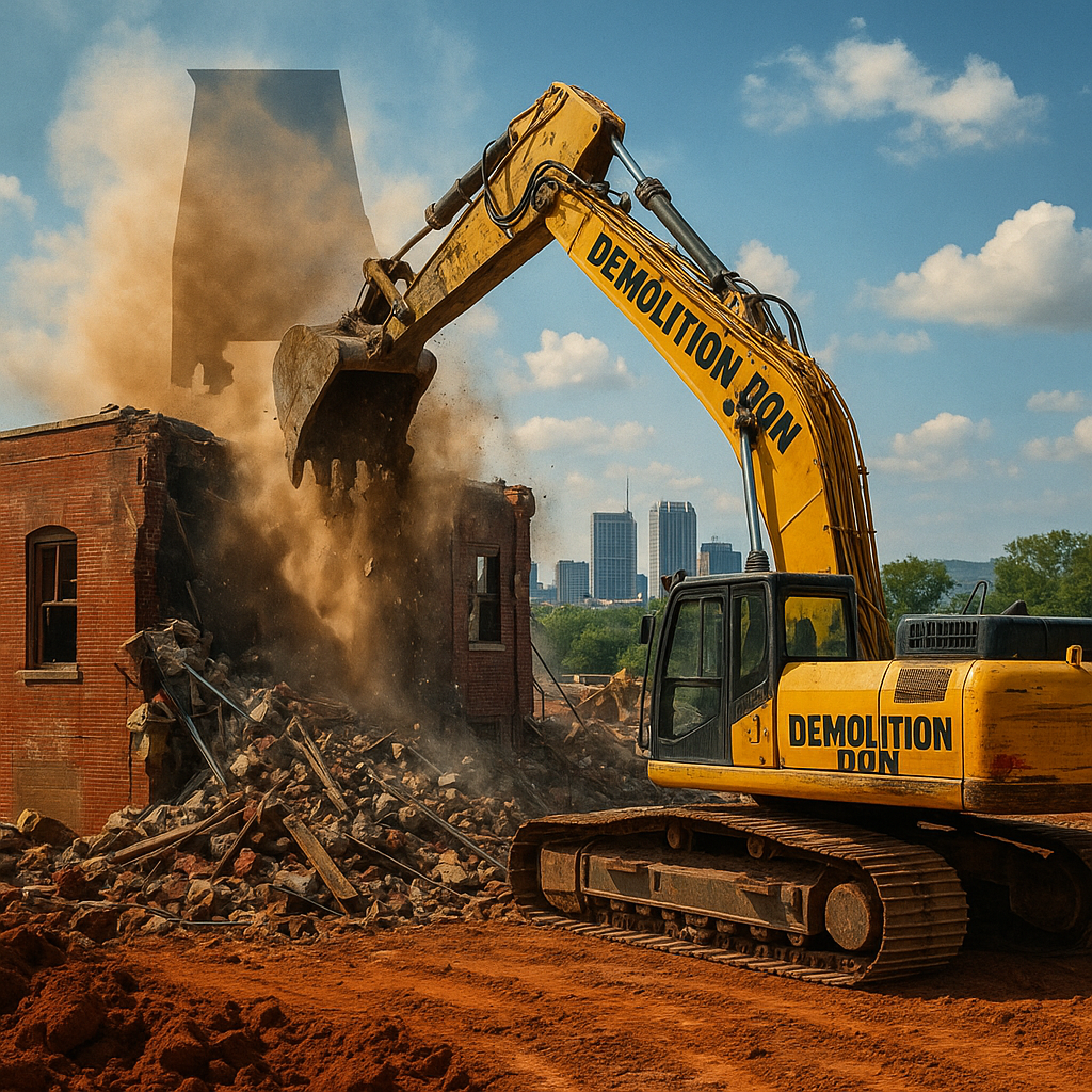 Demolition Don yellow excavator tearing down an old red-brick building in Alabama, with a cloud of dust shaped like the state outline and the city skyline in the background.