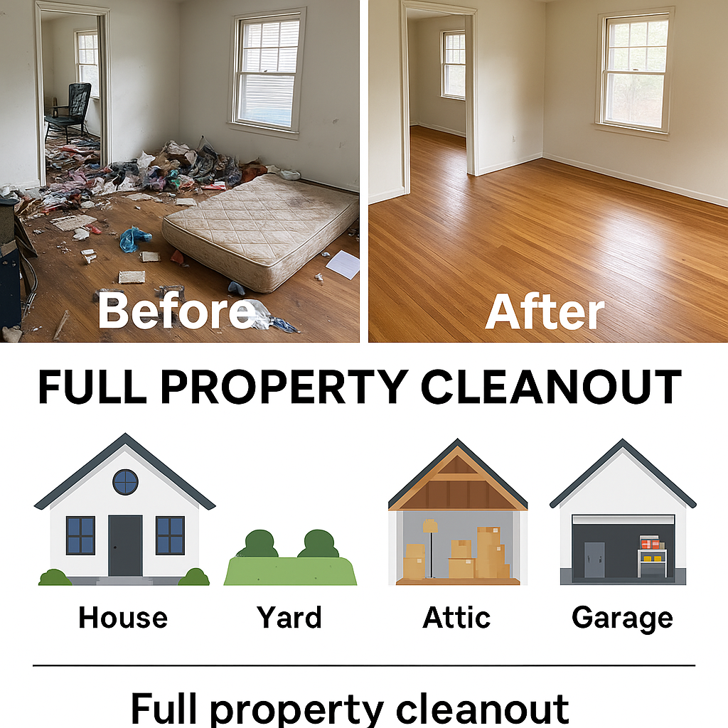 Before-and-after image of a messy and clean room, with illustrated sections showing a full property cleanout including house, yard, attic, and garage