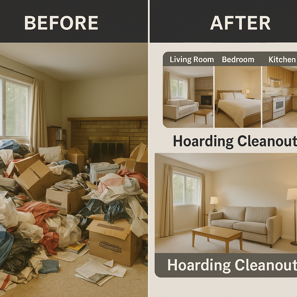 Side-by-side image of a cluttered hoarding cleanout and a clean, organized living space after, including additional clean shots of the bedroom and kitchen