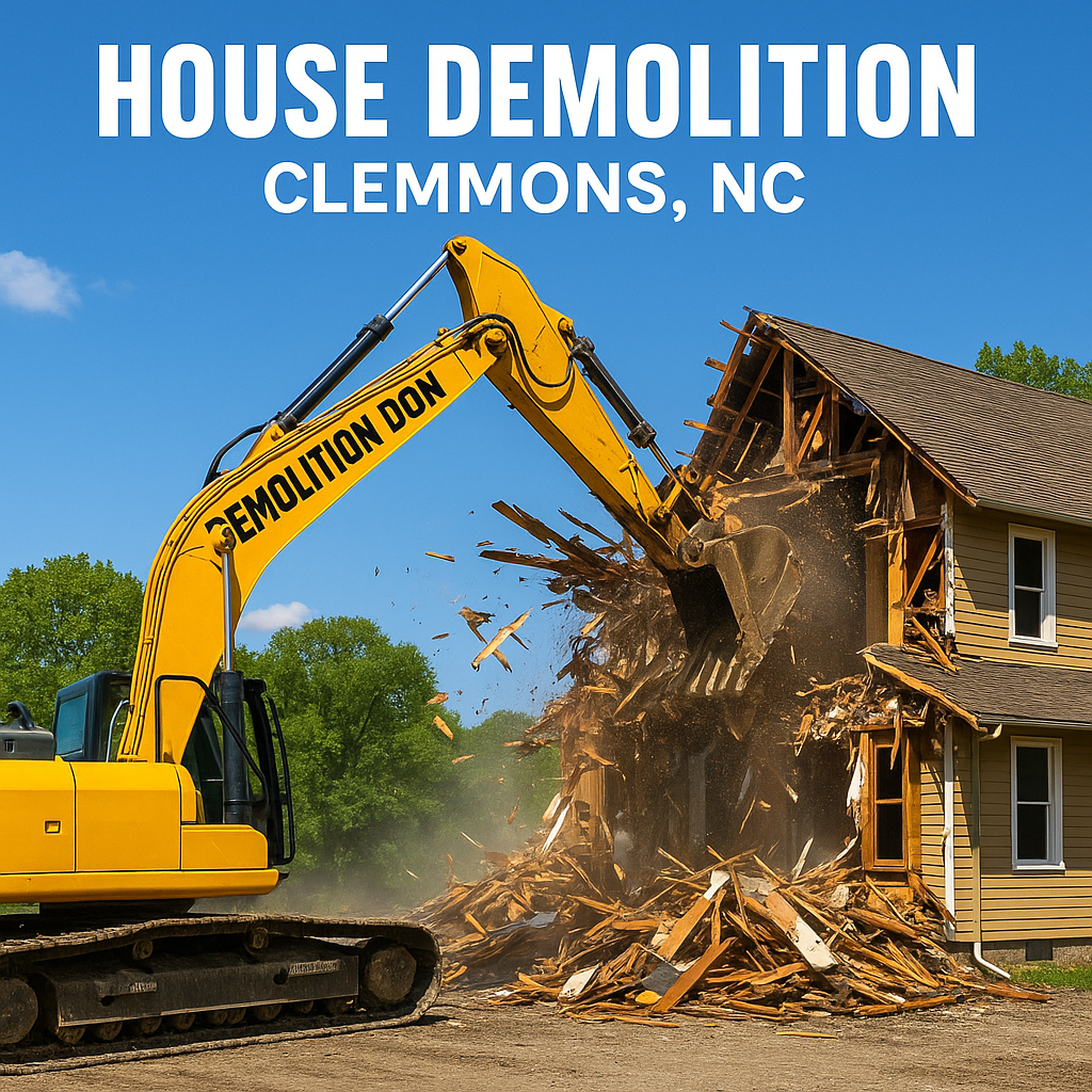 Powerful yellow Demolition Don excavator ripping through a two-story house demolition Clemmons, NC, with wood debris flying under a clear blue sky.