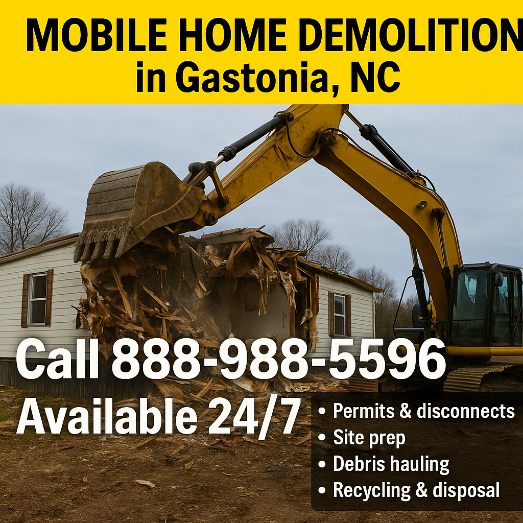 Demolition services gastonia nc. A yellow excavator tearing down a mobile home in Gastonia, NC, with bold overlaid text: ‘Mobile Home Demolition in Gastonia, NC’, ‘Call 888-988-5596’, ‘Available 24/7’, and a bulleted list of services: permits & disconnects, site prep, debris hauling, recycling & disposal.
