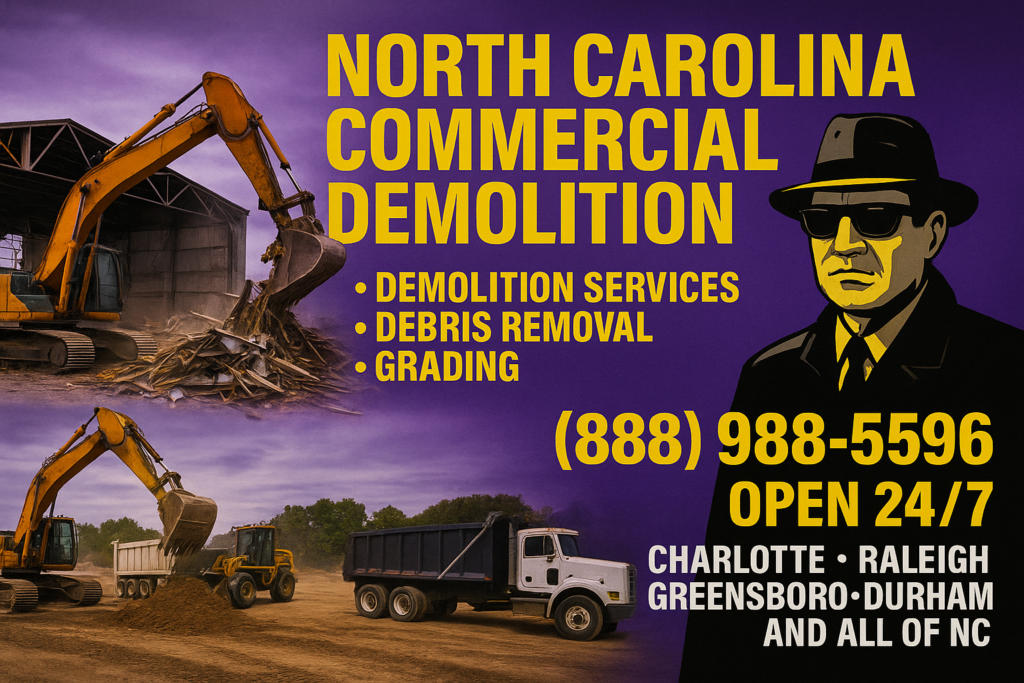 Wide landscape graphic with a purple background and yellow and black accents. On the left, a yellow excavator tears down a warehouse and loads debris into a dump trailer and dump truck, while a bulldozer grades the cleared site. On the right, a fedora-clad “Demolition Don” figure oversees the action. Bold yellow text reads “North Carolina Commercial Demolition,” with a yellow bullet list below: “Demolition Services • Debris Removal • Grading.” At the bottom right in yellow and white text: “(888) 988-5596 – Open 24/7,” followed by “Charlotte • Raleigh • Greensboro • Durham • And all of NC.