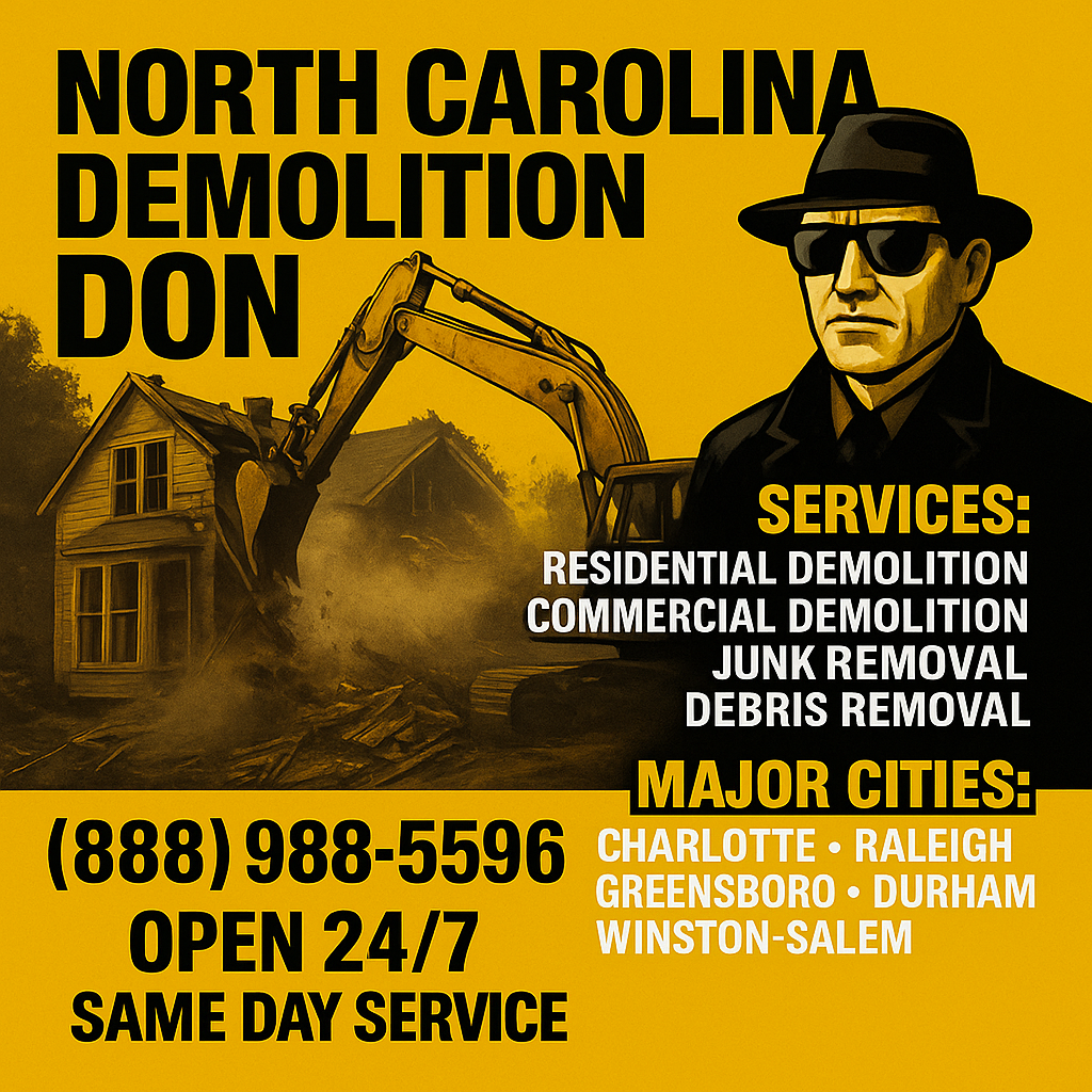 Bold yellow promotional graphic for North Carolina Demolition Don featuring a fedora-clad ‘Demolition Don’ figure in black sunglasses and coat standing beside a yellow excavator tearing down a house. Large black text reads ‘NORTH CAROLINA DEMOLITION DON’ at the top. A list of services (‘Residential Demolition, Commercial Demolition, Junk Removal, Debris Removal’) appears in white and yellow block letters on the right. At the bottom, the phone number ‘(888) 988-5596’, ‘OPEN 24/7’, and ‘SAME DAY SERVICE’ are displayed in bold black text against a yellow banner. Major NC cities (‘Charlotte • Raleigh • Greensboro • Durham • Winston-Salem’) are listed in white beneath the services.