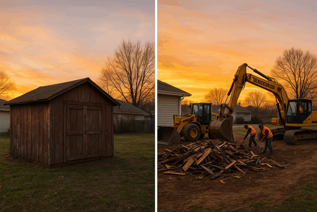 Side-by-side photo showing an old wooden shed demolition and the cleared site after, with workers and heavy machinery at sunset