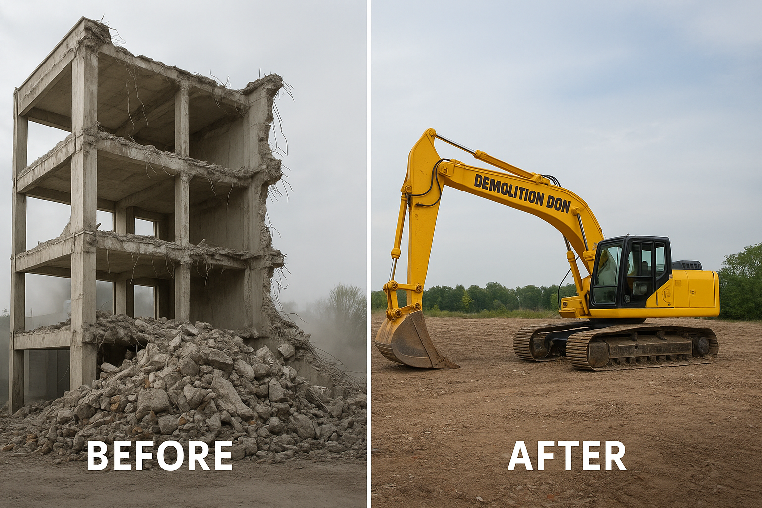 Split image showing a multi-story concrete structure before structural demolition services and a cleared site after, with a yellow excavator labeled Demolition Don