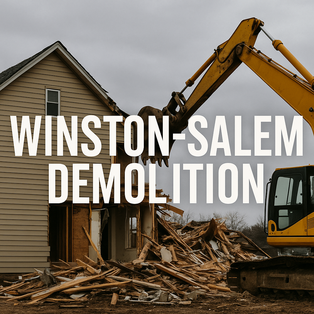 Yellow excavator demolishing a house in Winston Salem NC with debris scattered across the ground.