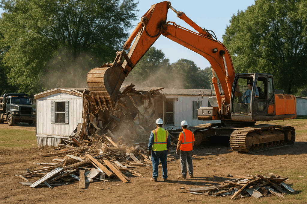 Excavator tearing down an old mobile home in York, South Carolina with two workers supervising and debris scattered across the ground