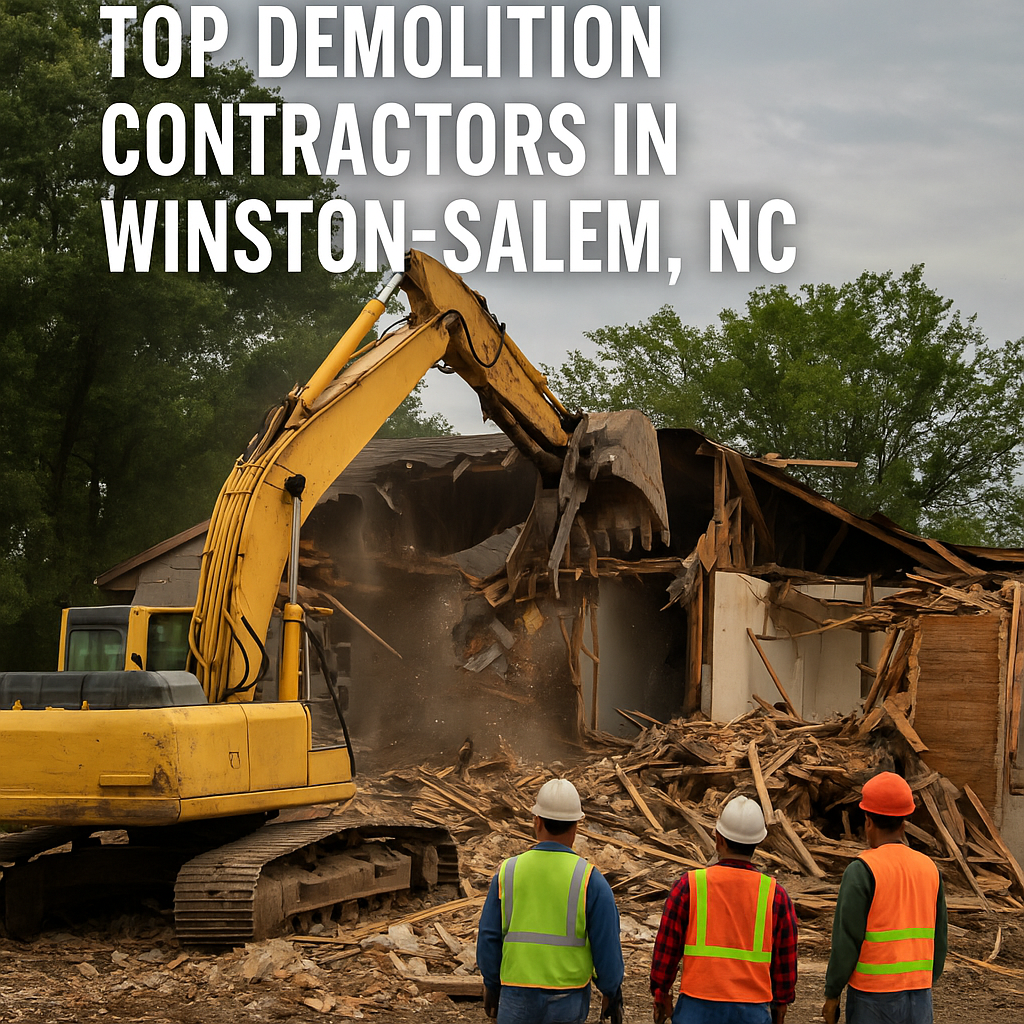 Excavator tearing down a building in Winston-Salem, NC while three workers in safety gear observe the demolition site